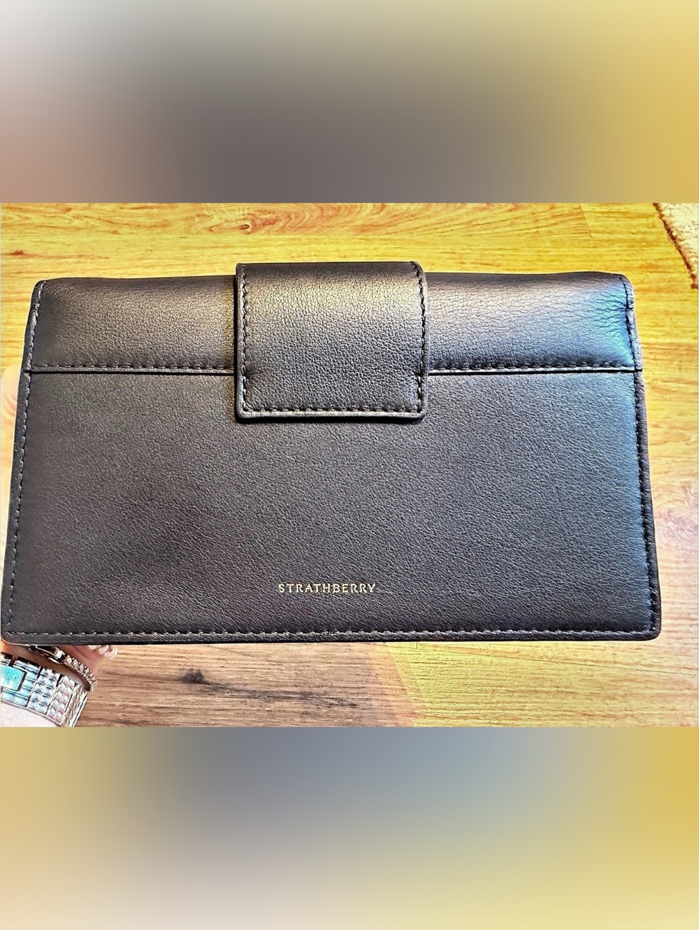 Strathberry crescent on a chain Handbag Black Clutch Crossbody with Gold Accent - Picture 5 of 8